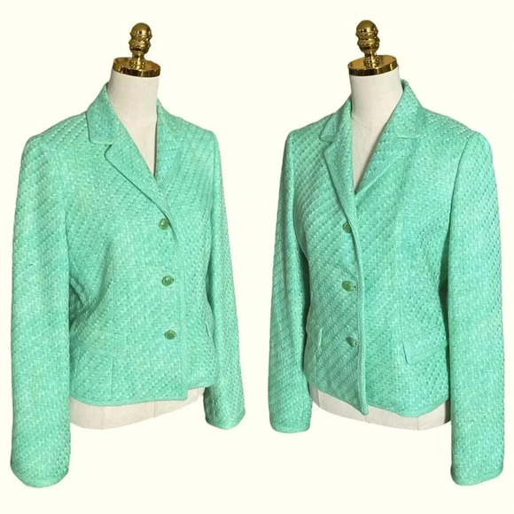 ELIE TAHARI Women Mint Green Woven Tweed 100% Cotton Office Career Blazer Sz 12 - Picture 4 of 10